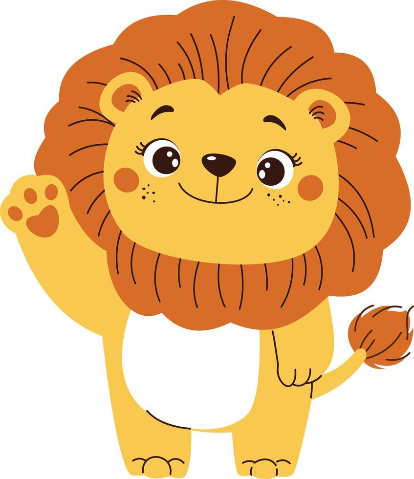 flat in children s style cute lion cub waving his paw on white background vector