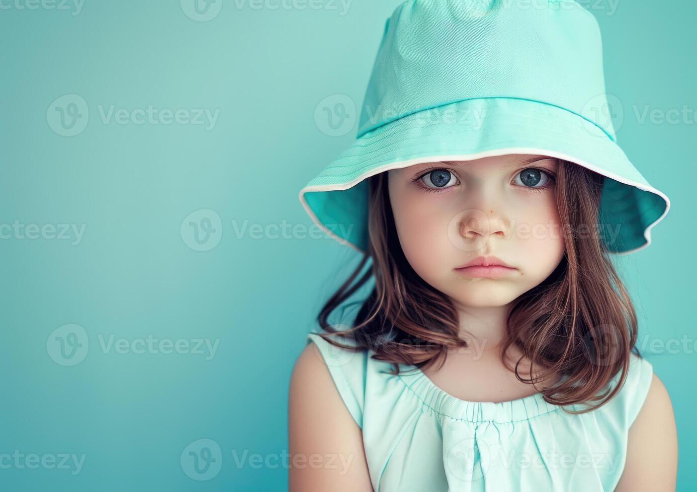 A little girl wearing a hat on a blue background photo