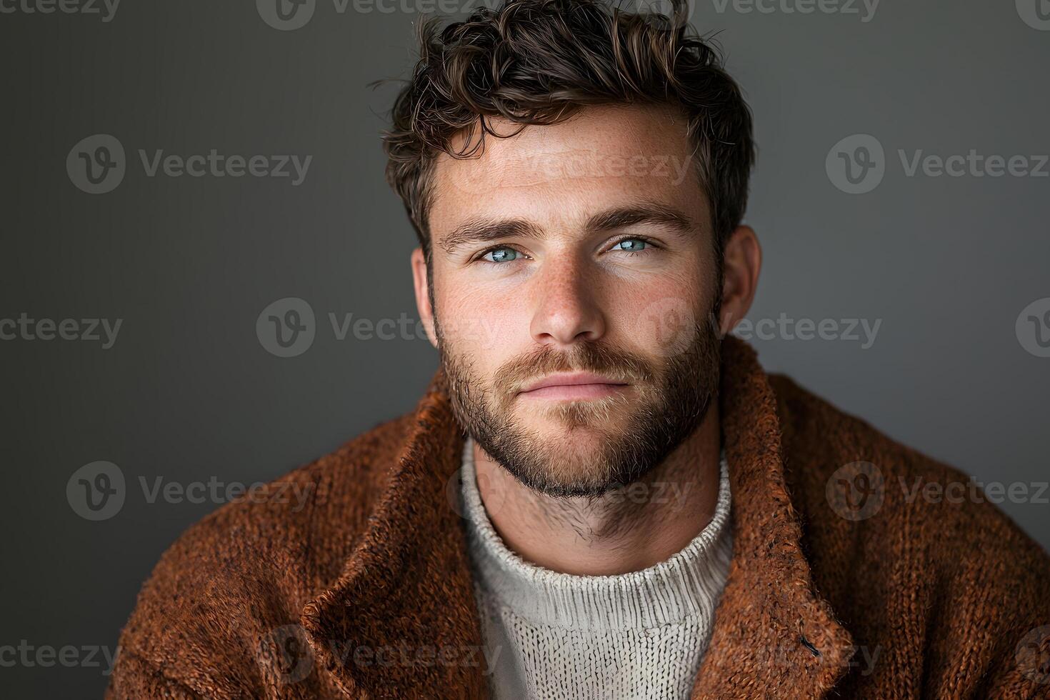 Young man with tousled hair wearing a brown coat photo