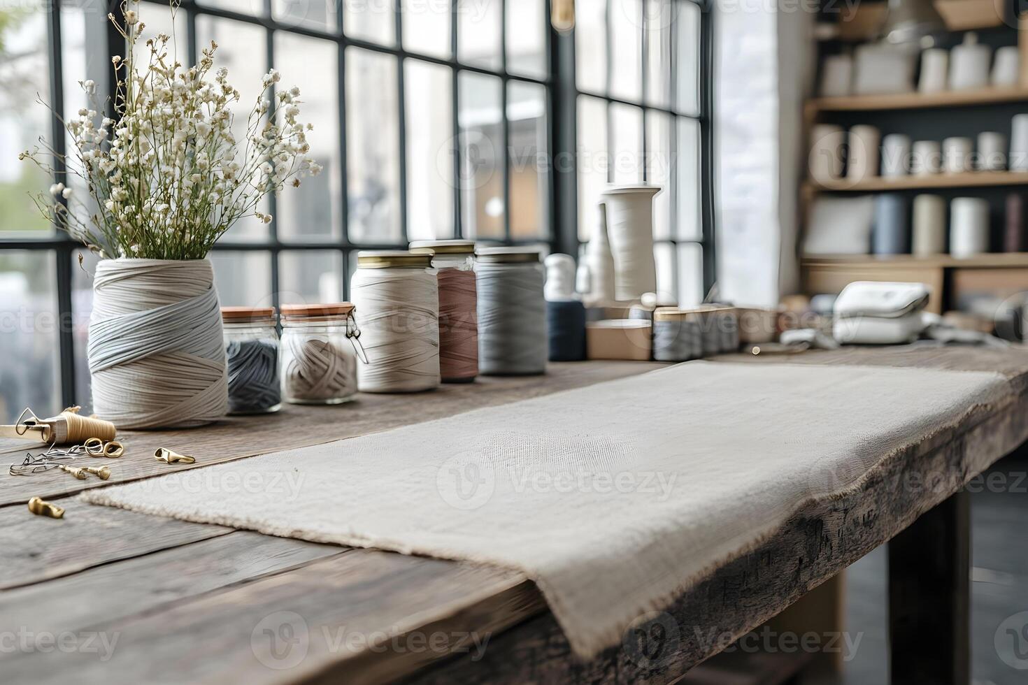 A well-organized sewing workshop featuring spools of thread and fabric photo