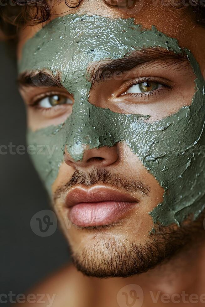 Close-up of a man applying green clay mask on his face photo