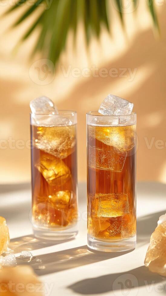 Refreshing iced tea served in tall double-walled glasses on a light table with a pastel background photo