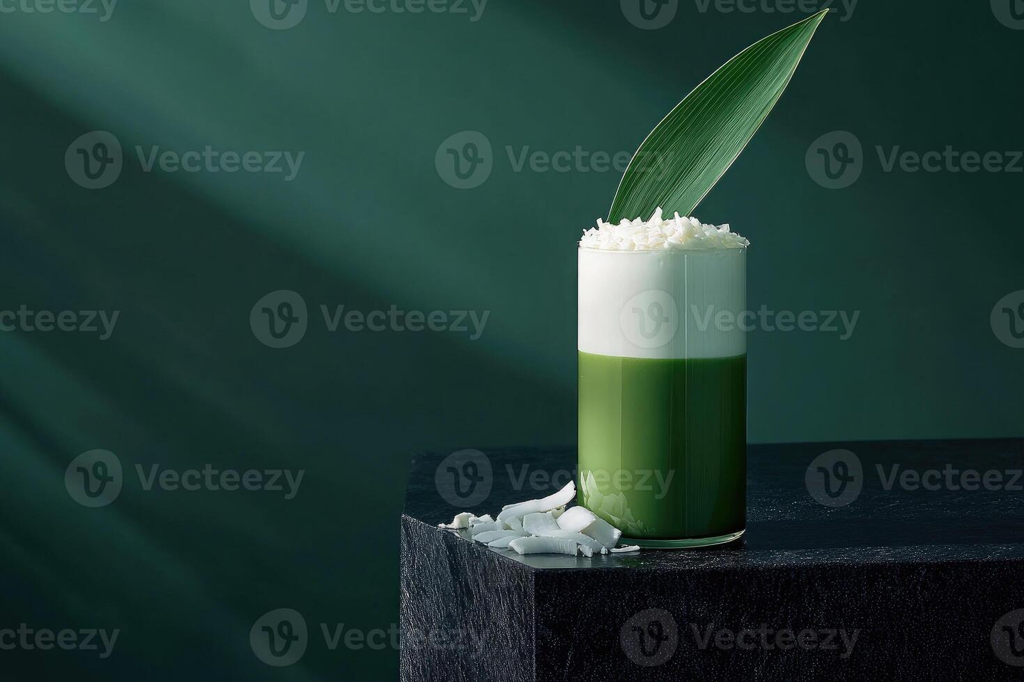 Pandan coconut milk tea served in a tall glass on a striking black quartz countertop with stylish garnishments photo