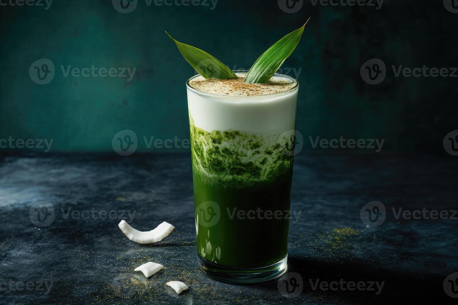 Pandan coconut milk tea showcases vibrant layers on luxurious black countertop with opulent teal backdrop photo