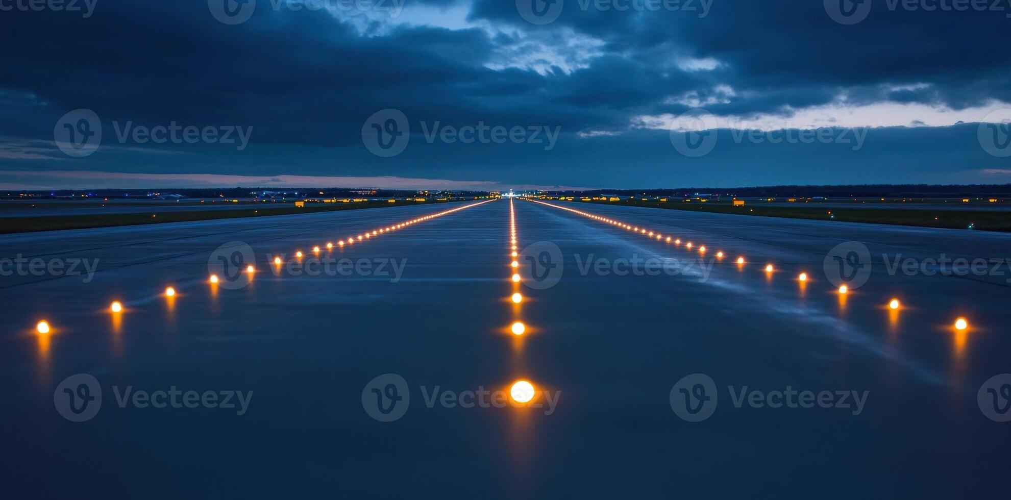 Runway Lights Guiding Aircraft Towards Landing at Night photo