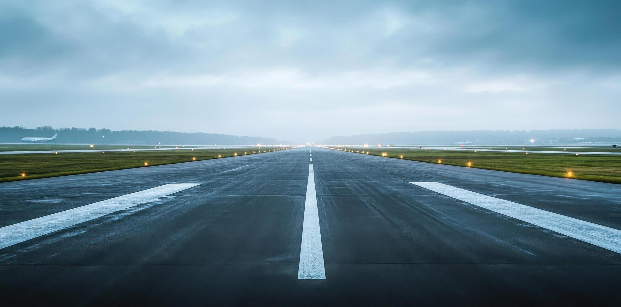 The Runway Awaits A Serene View of a Wet Airport Runway with Planes in the Distance photo