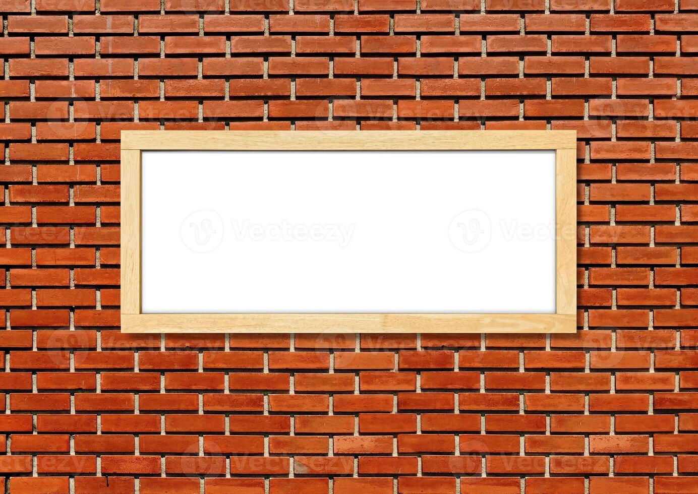 Whiteboard, blank board isolated on red brick wall background with space for text. photo