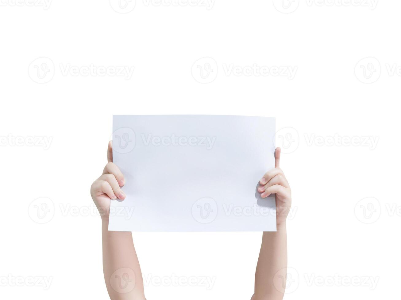 Image of child hand holding blank white paper on white background. Model for design. photo