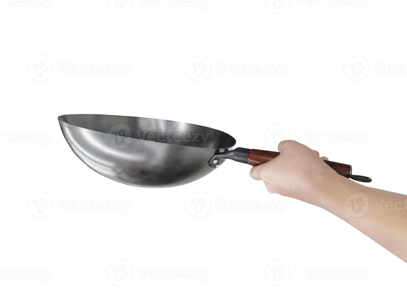 Side view of empty pan handle, white background. photo
