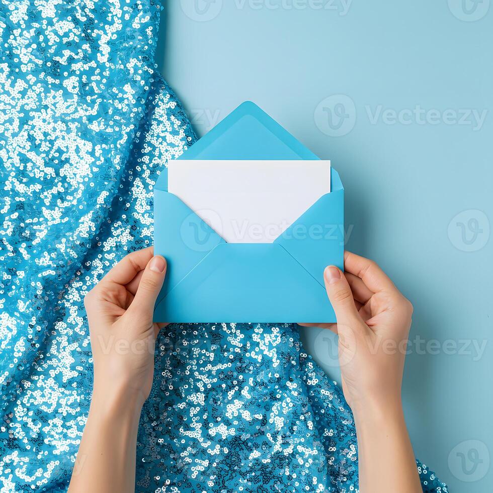 Woman's hands holding an envelope with a blank card on a blue sequinned fabric photo
