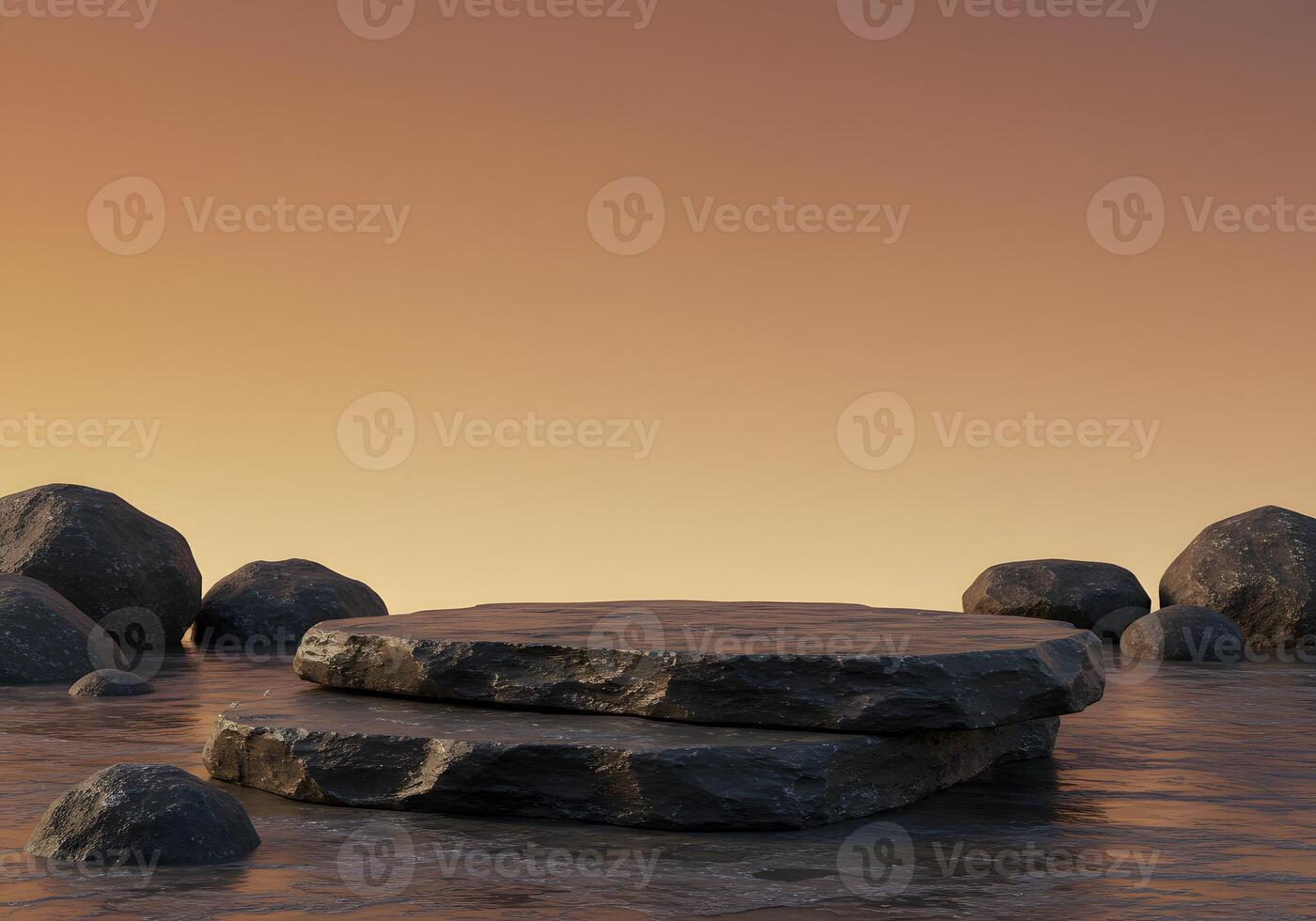A rock sitting on top of a large rock in the water photo