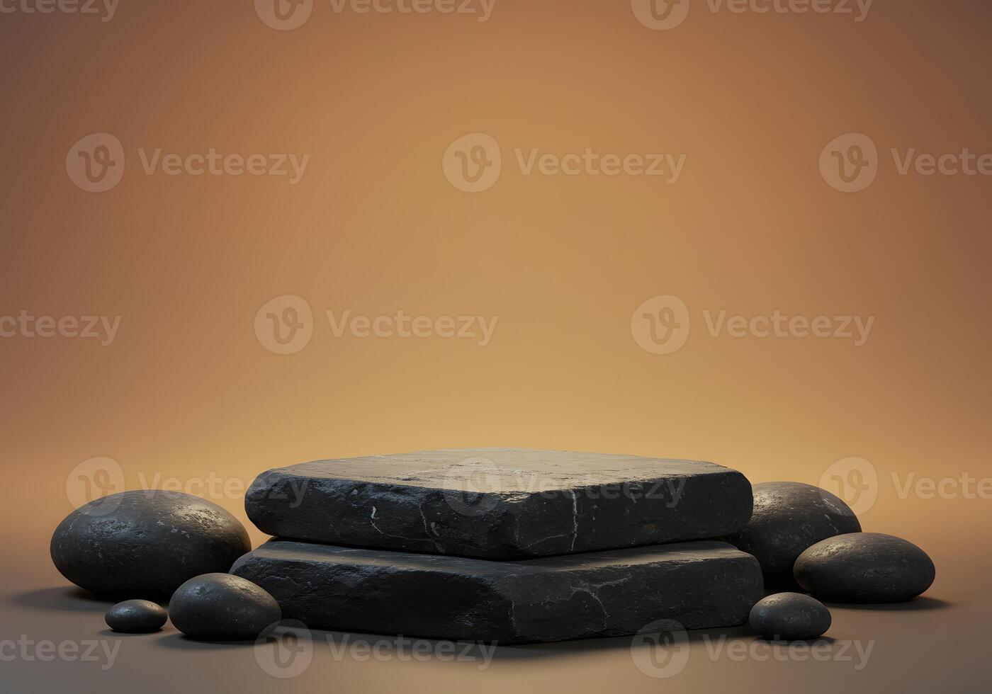 A stack of stones and a black stone on a table photo