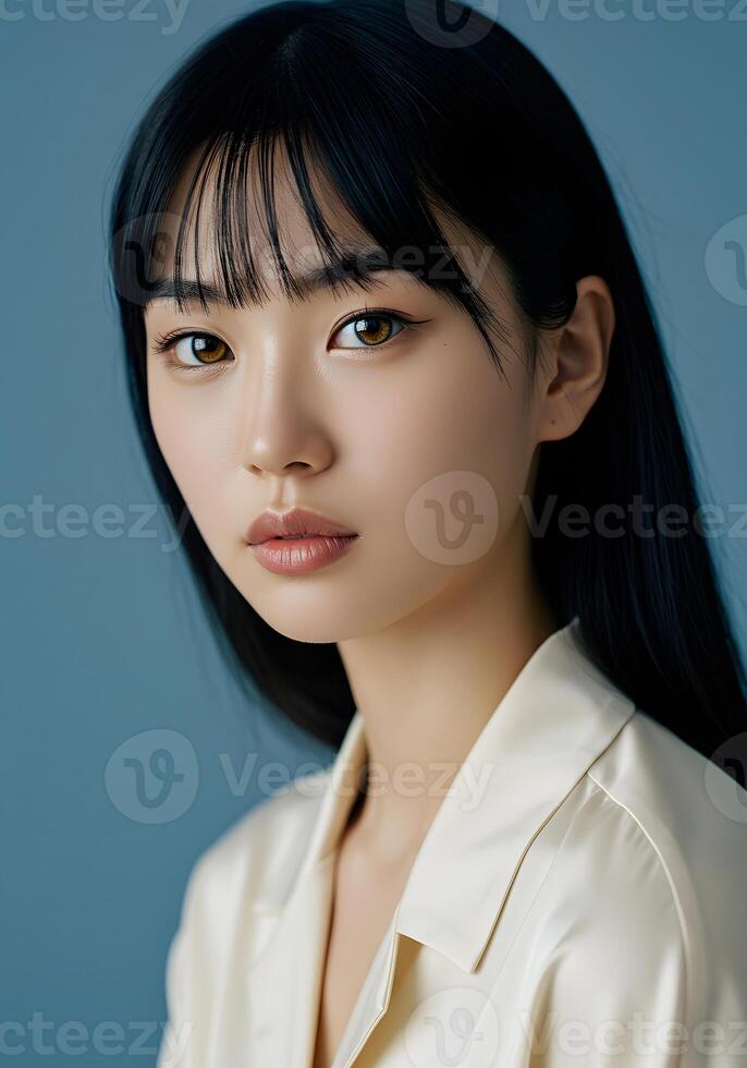 A beautiful young woman with long black hair photo