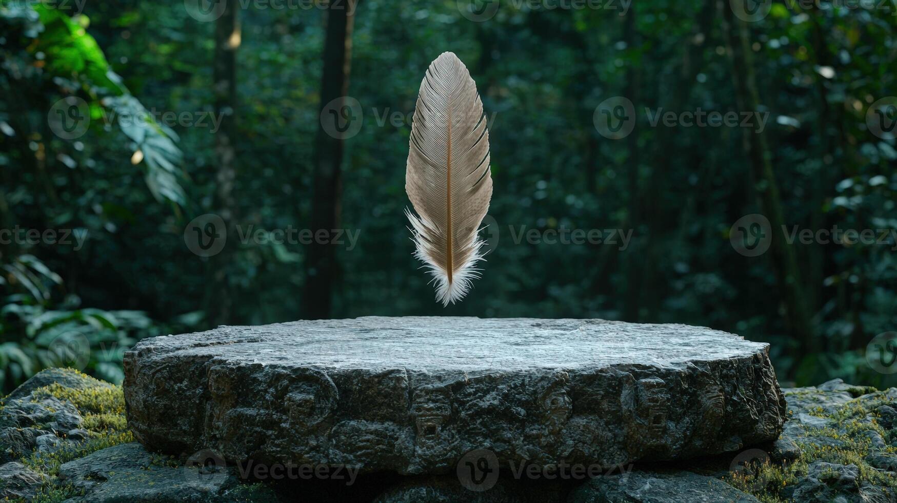 A feather floats above a stone platform in a lush forest photo