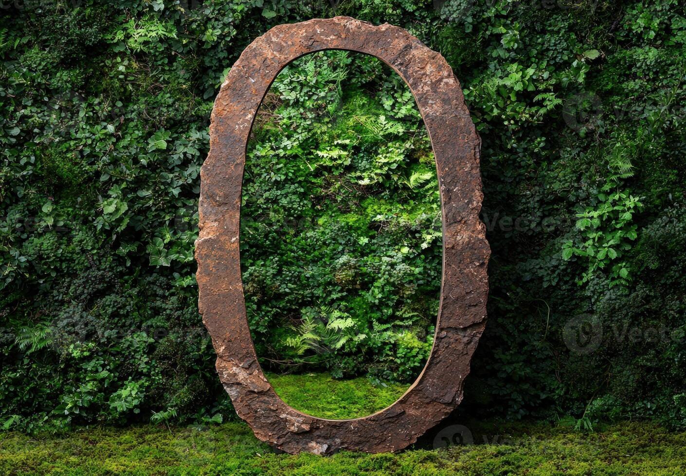 An oval stone frame stands in a lush green garden photo