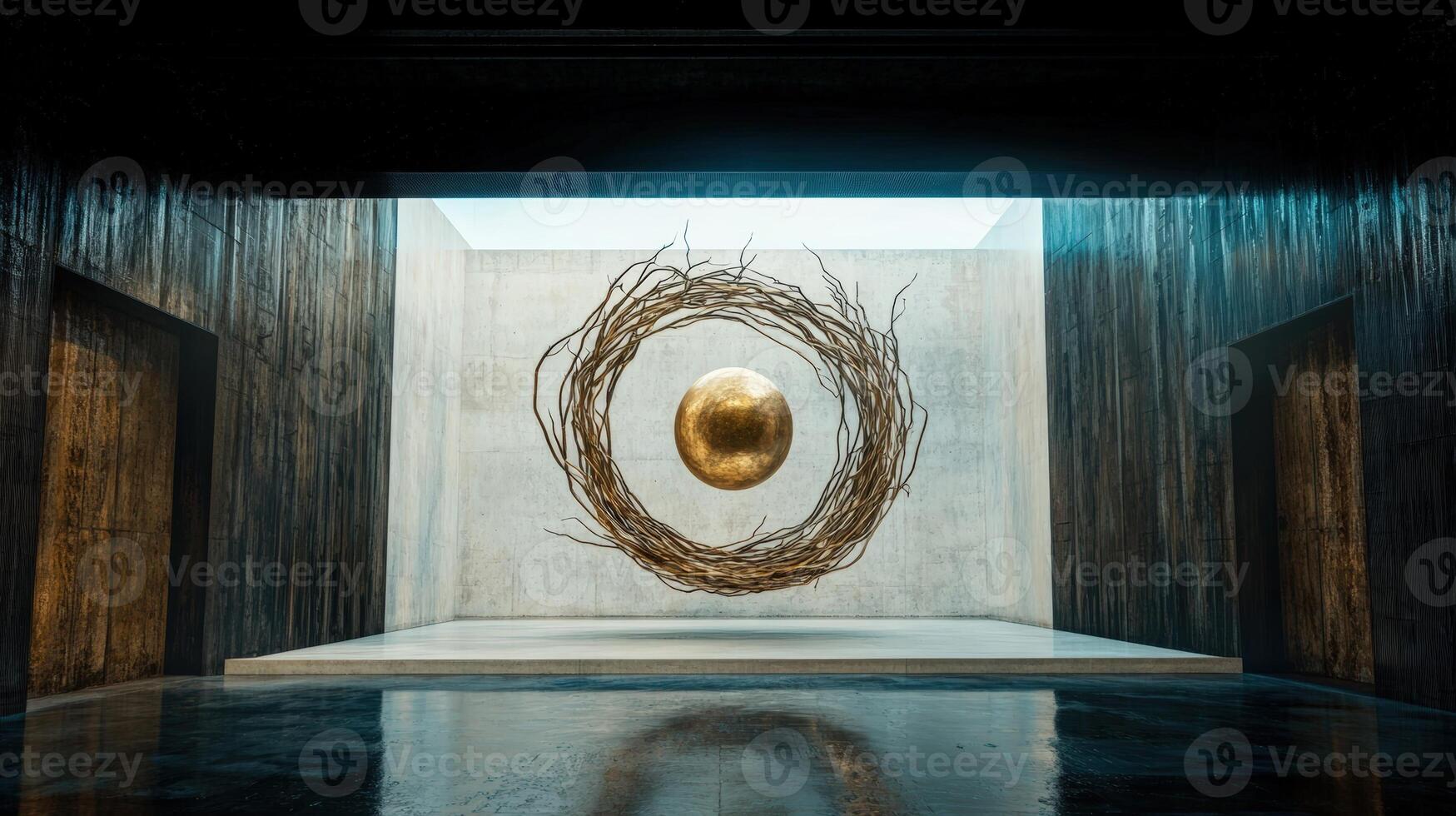 Golden sphere in a nest of branches in a minimalist interior photo