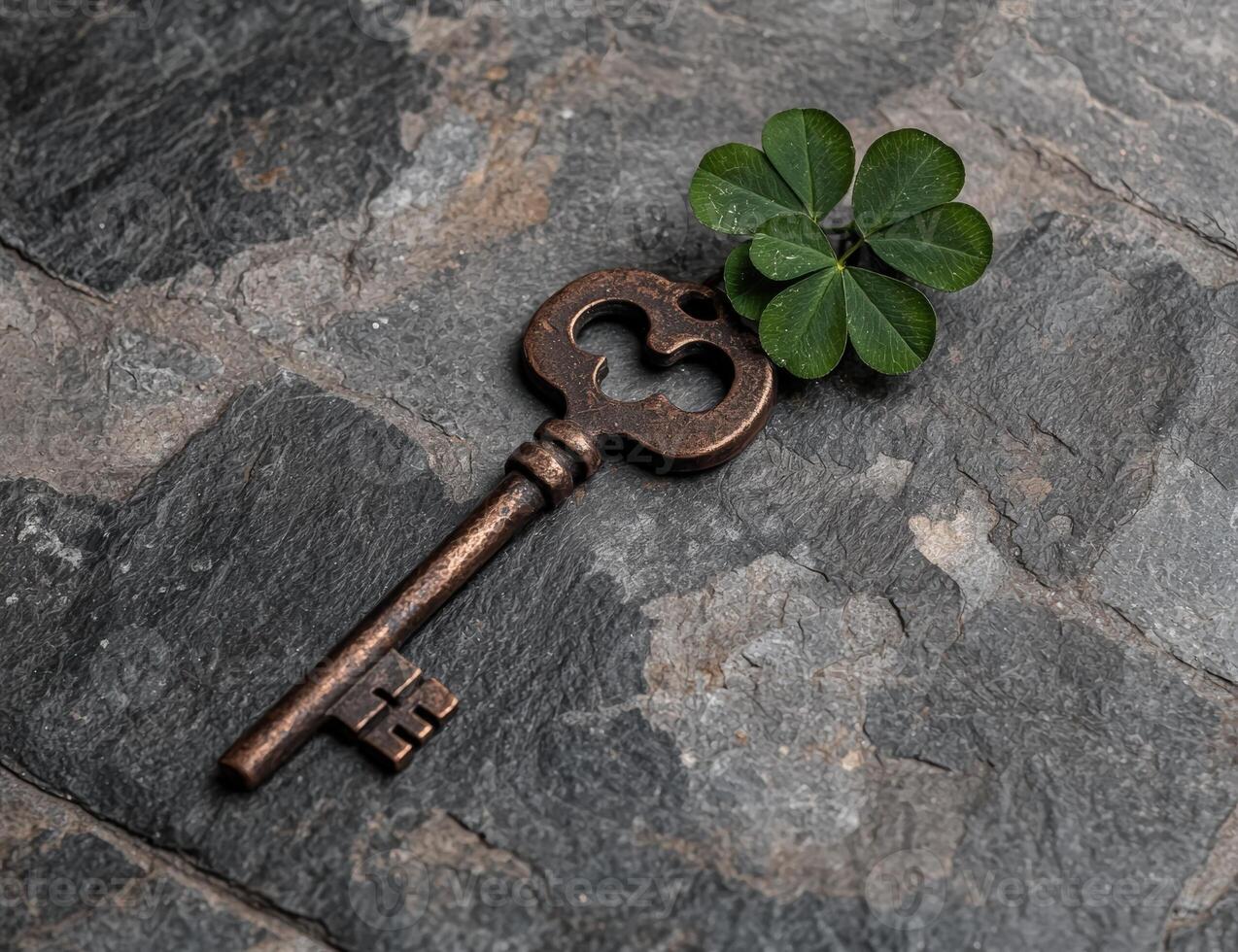 A vintage key rests on a stone surface with a four leaf clover, symbolizing luck and opportunity photo