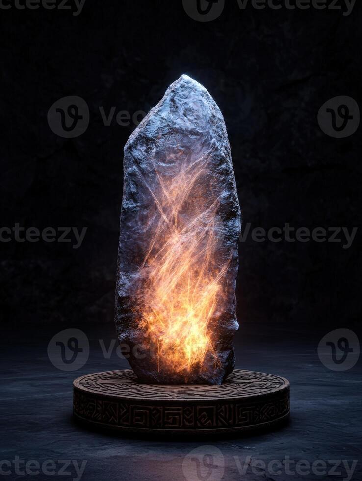 Mystical stone with glowing energy on a pedestal in a dark cave photo