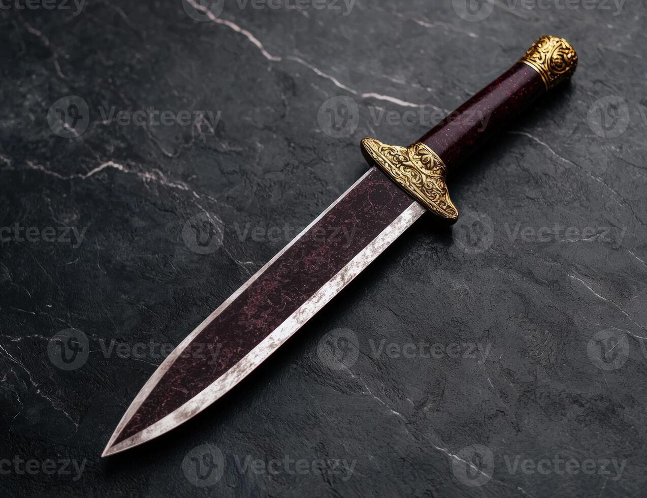 Ornate dagger on a dark marble surface photo