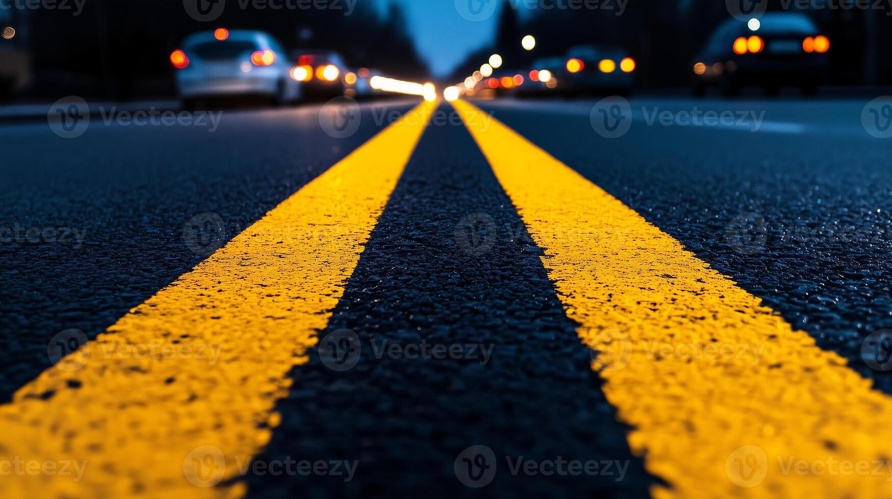 A long road with yellow lines and cars driving on it photo