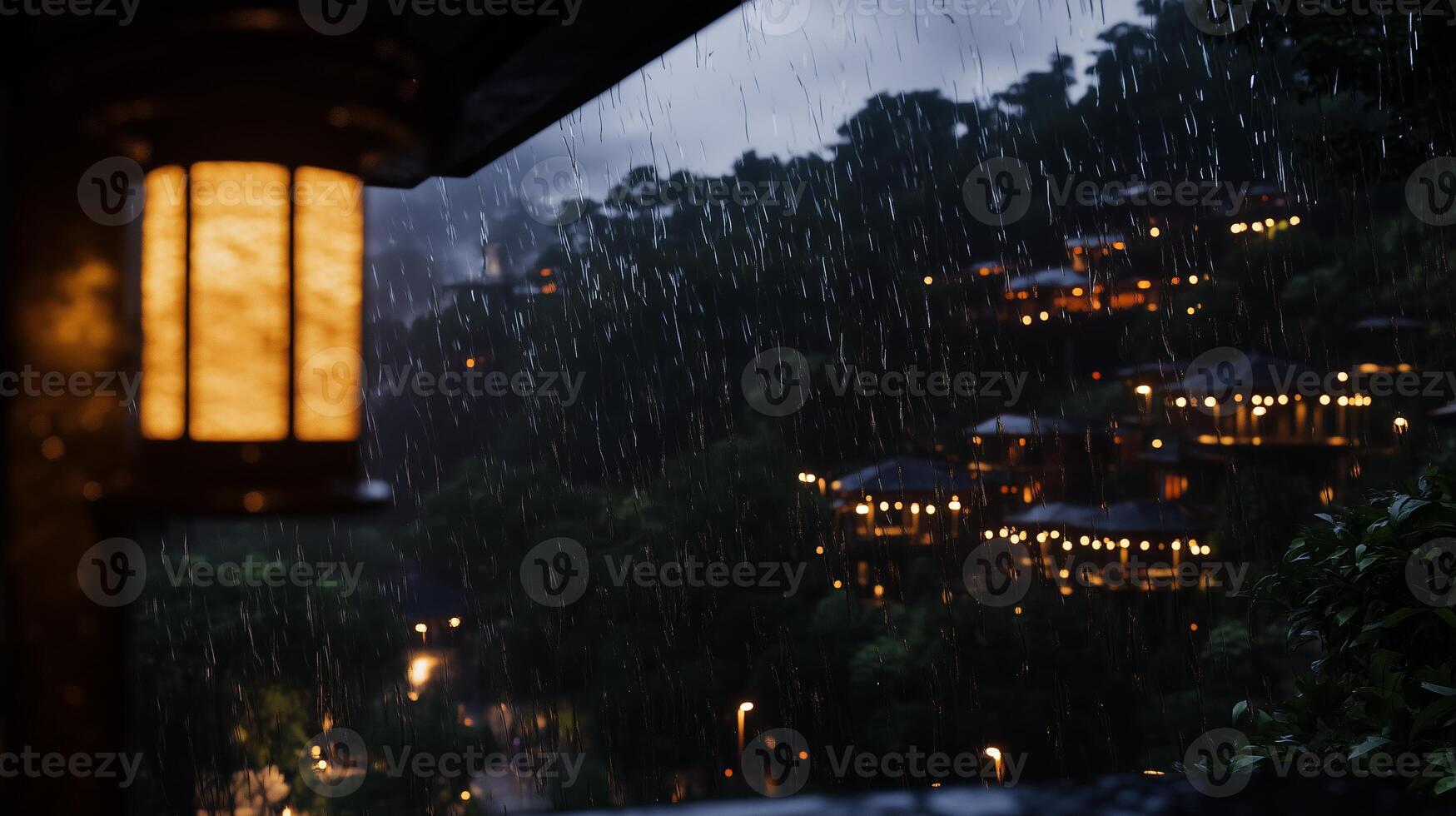 A view of a village in the rain photo