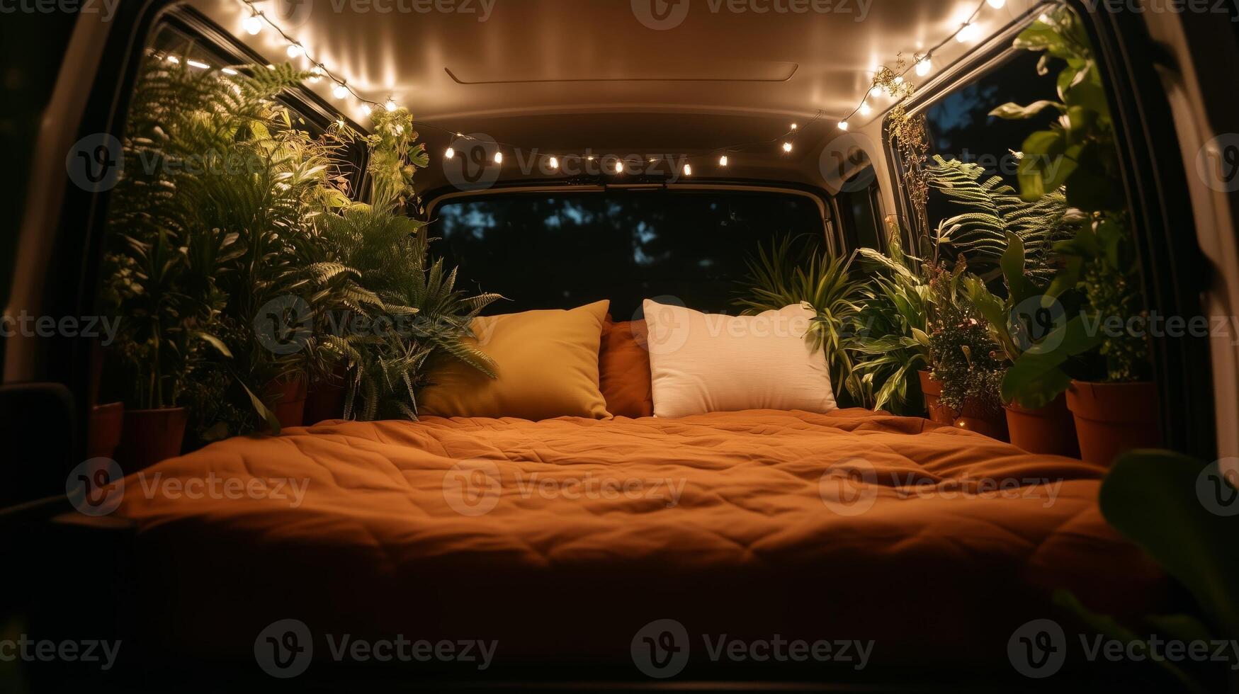 A cozy bed in the back of a van filled with plants photo