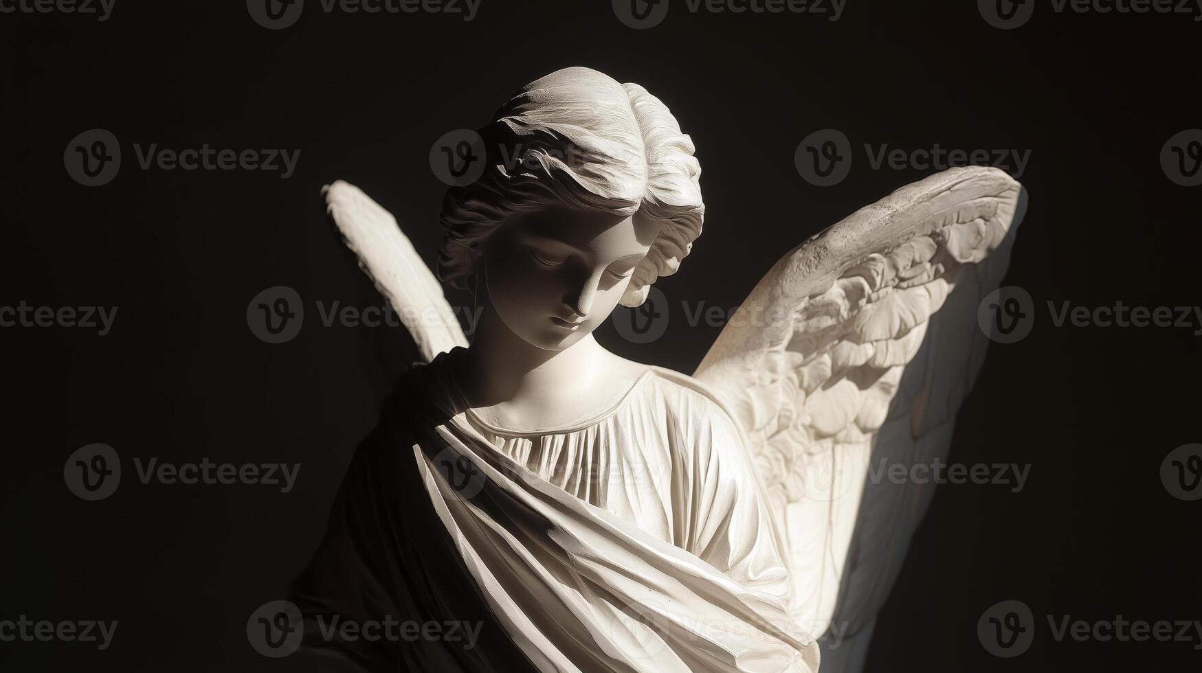 An angel statue is shown in the dark photo