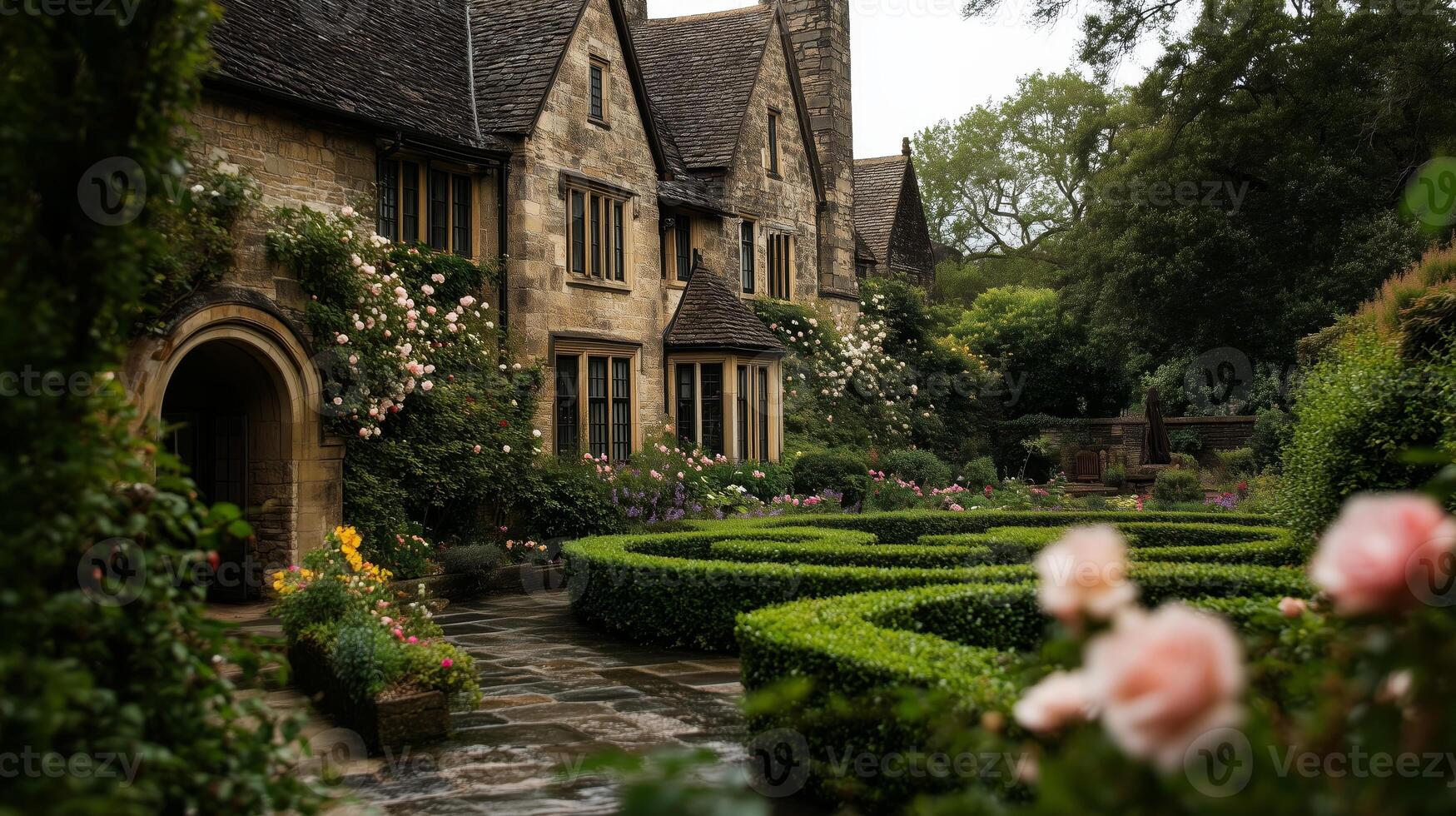 A beautiful garden with hedges and roses photo