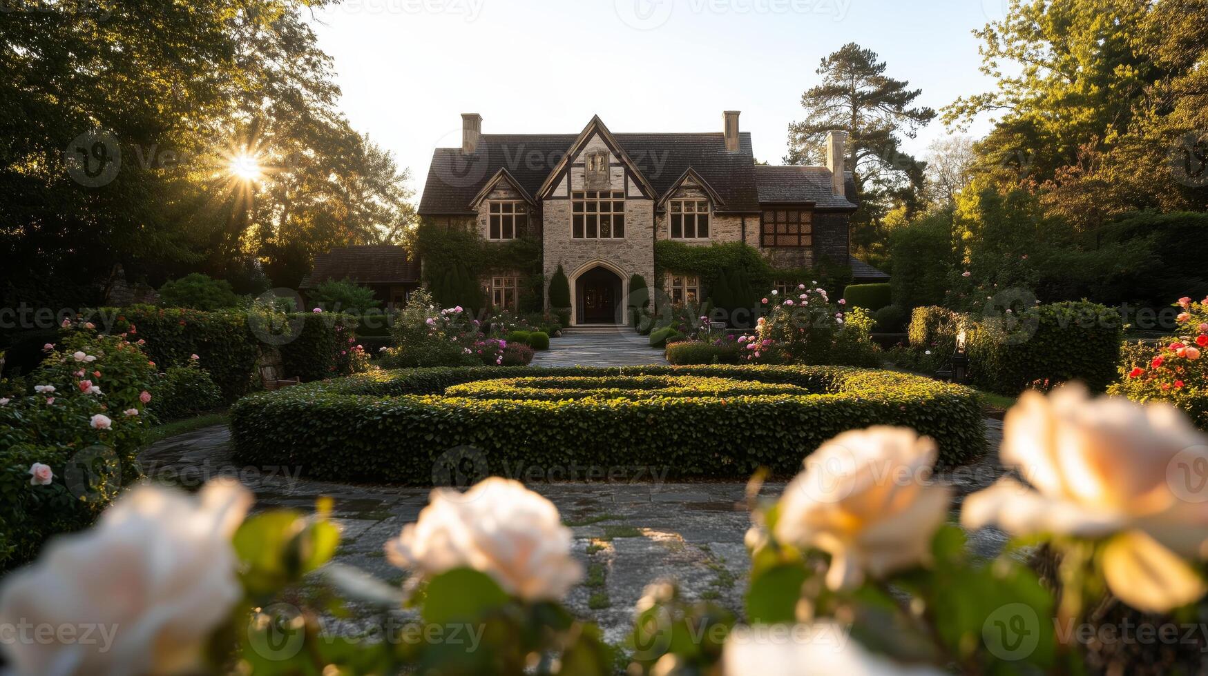 A large house with a garden in front of it photo