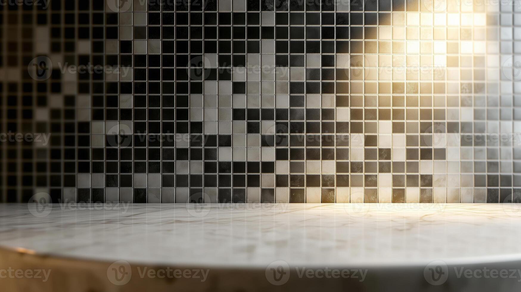 A white marble counter with a black and white mosaic tile wall photo