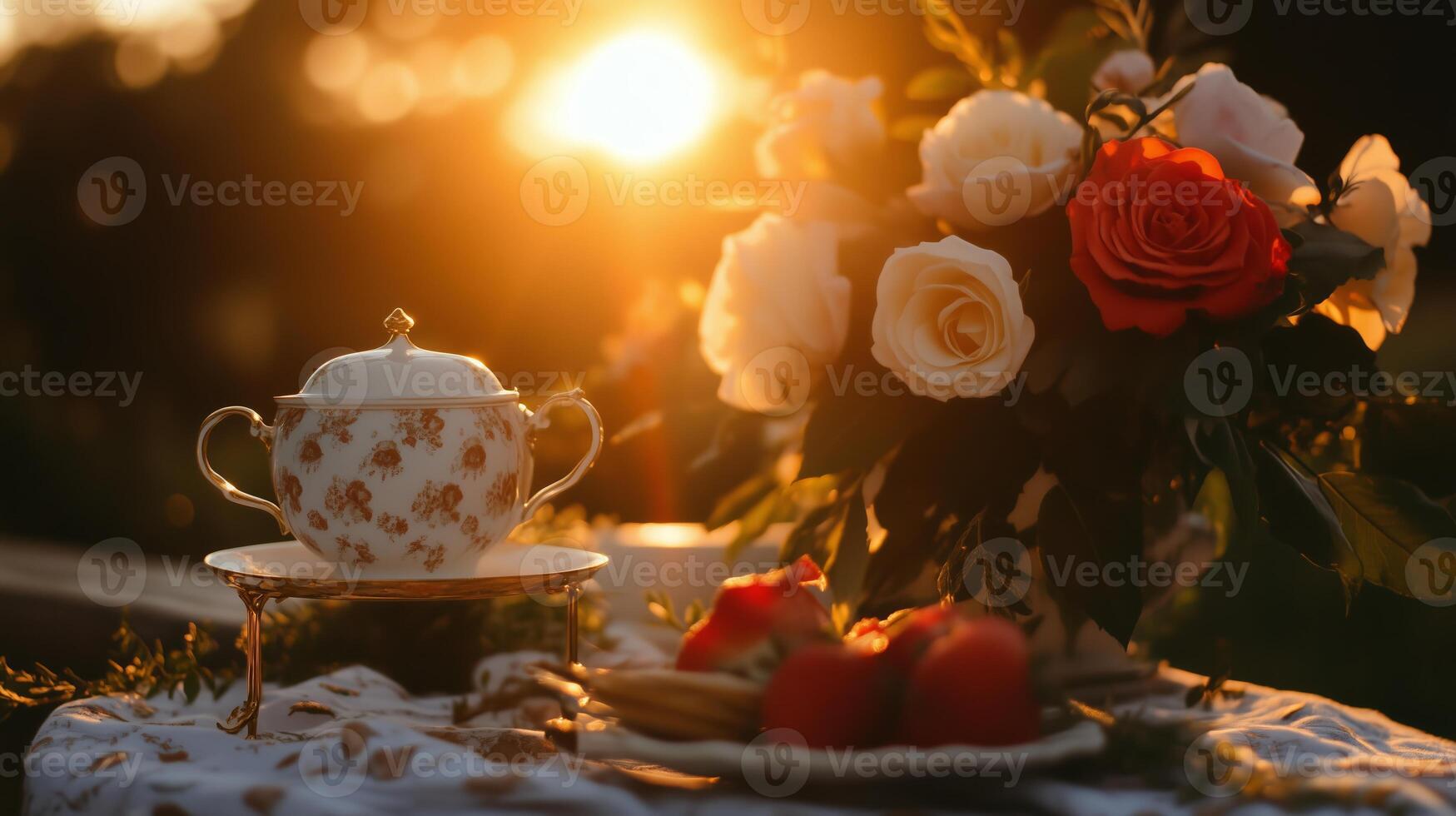 Tea and flowers on a table with a sunset photo