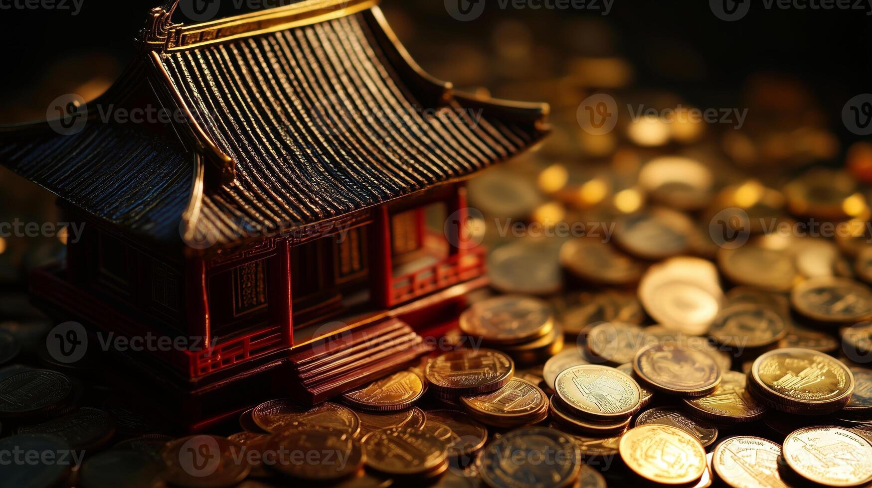 A miniature chinese house is surrounded by coins photo