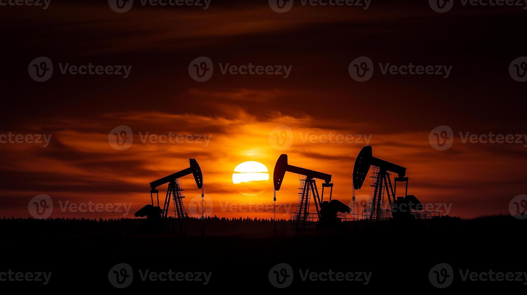 Oil pump jacks in operation with a dynamic sunset photo