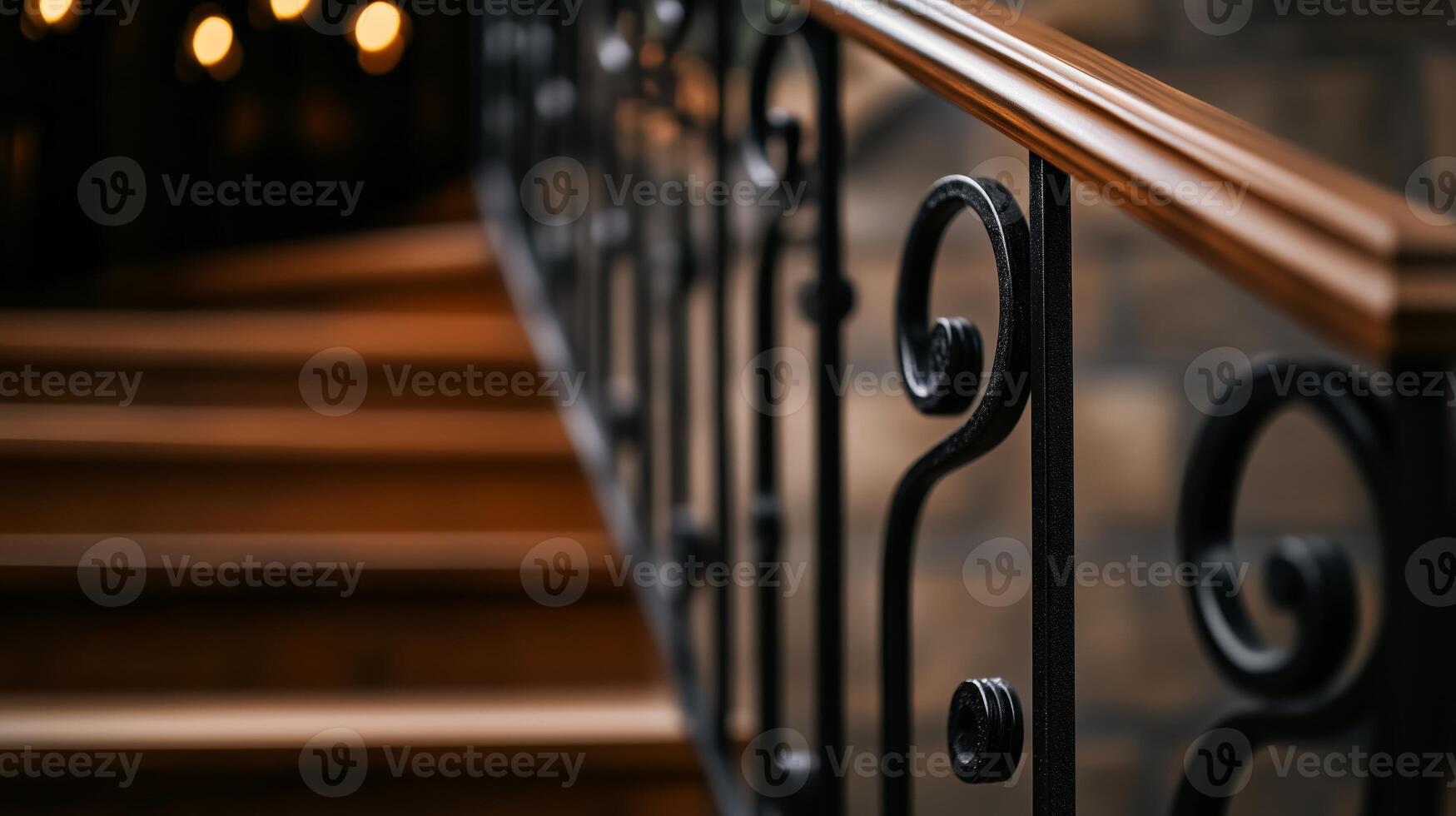 A black wrought iron stair railing with candles in the background photo