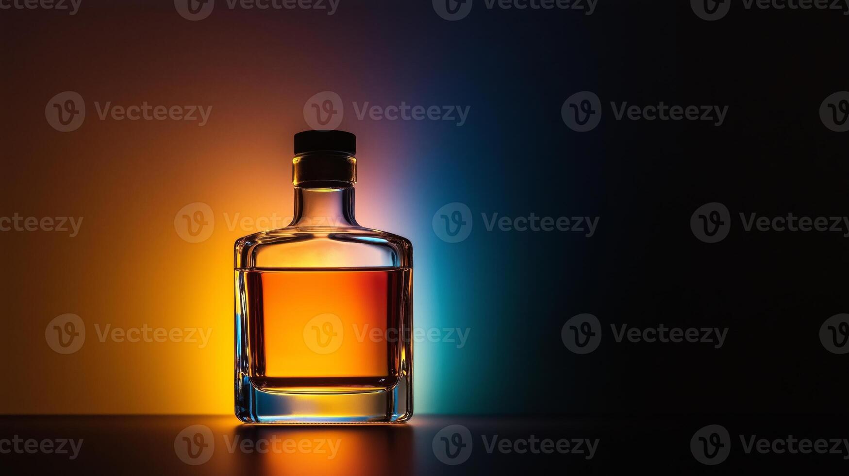 A bottle of whiskey on a table in front of a colorful background photo