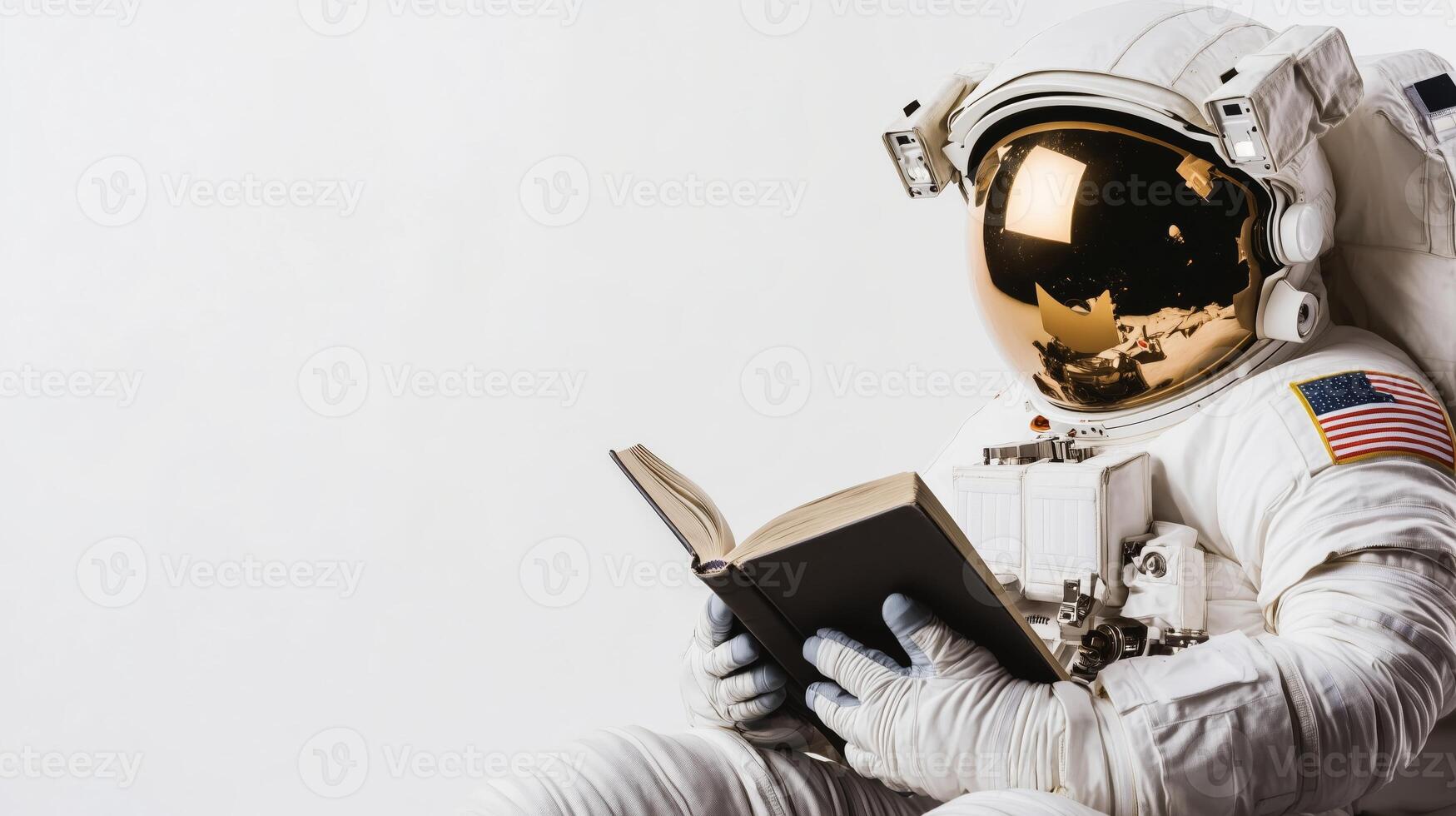 Astronaut seated, reading a book photo