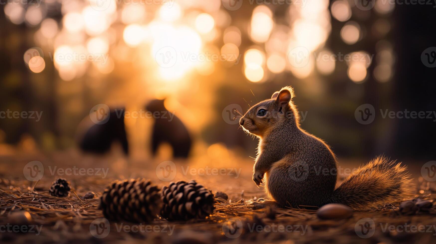 A curious squirrel sits among pine cones photo