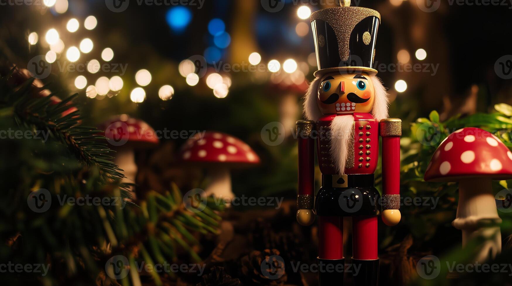 A regal nutcracker stands proudly amidst a whimsical woodland scene photo