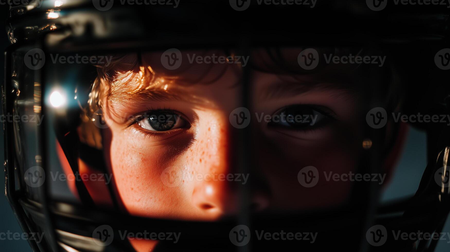 A close up of a young boy wearing a hockey helmet photo