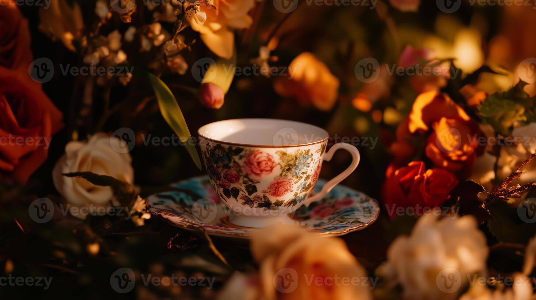 A cup and saucer sitting on a flowery field photo