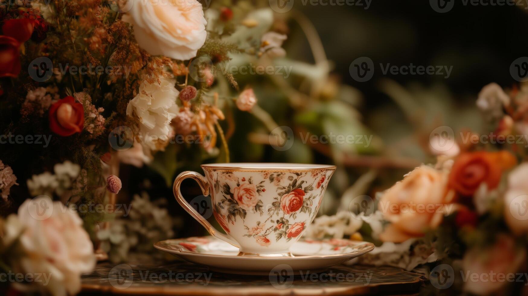 Flowers and tea cup photo