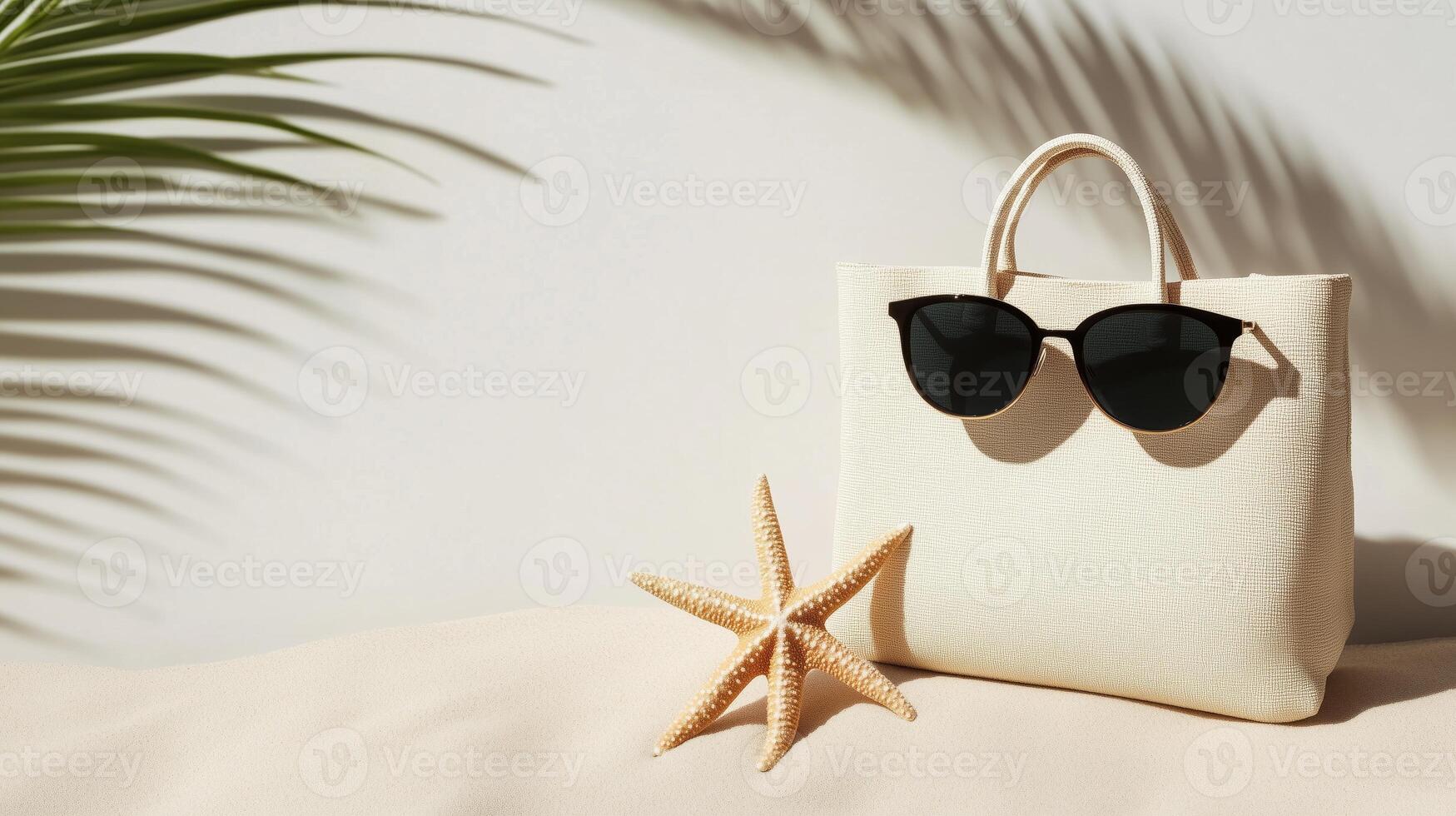 Chic bag, sunglasses, and starfish on sand photo