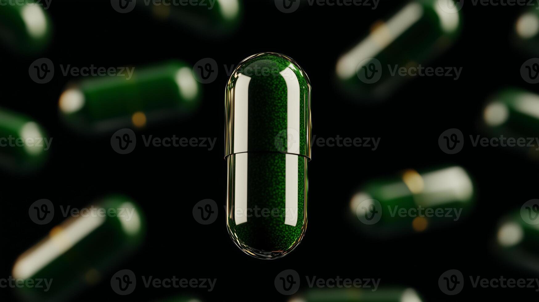 A green capsule is surrounded by many other pills photo