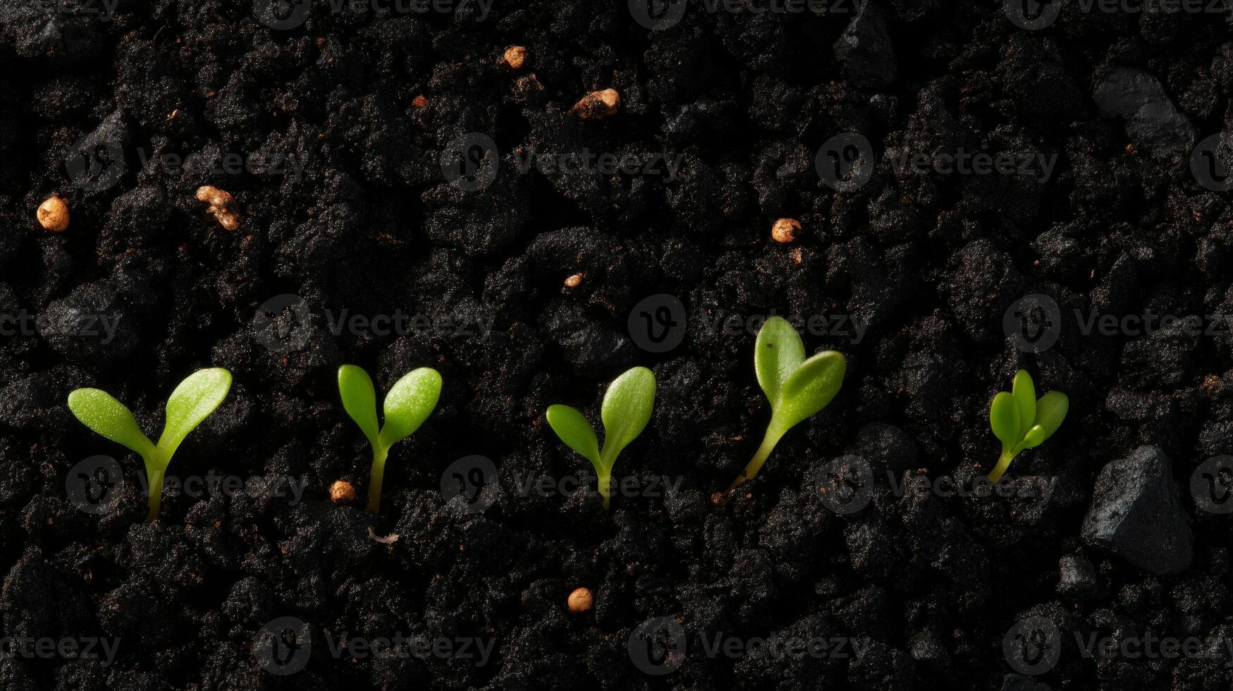 A group of young plants growing in a black soil photo