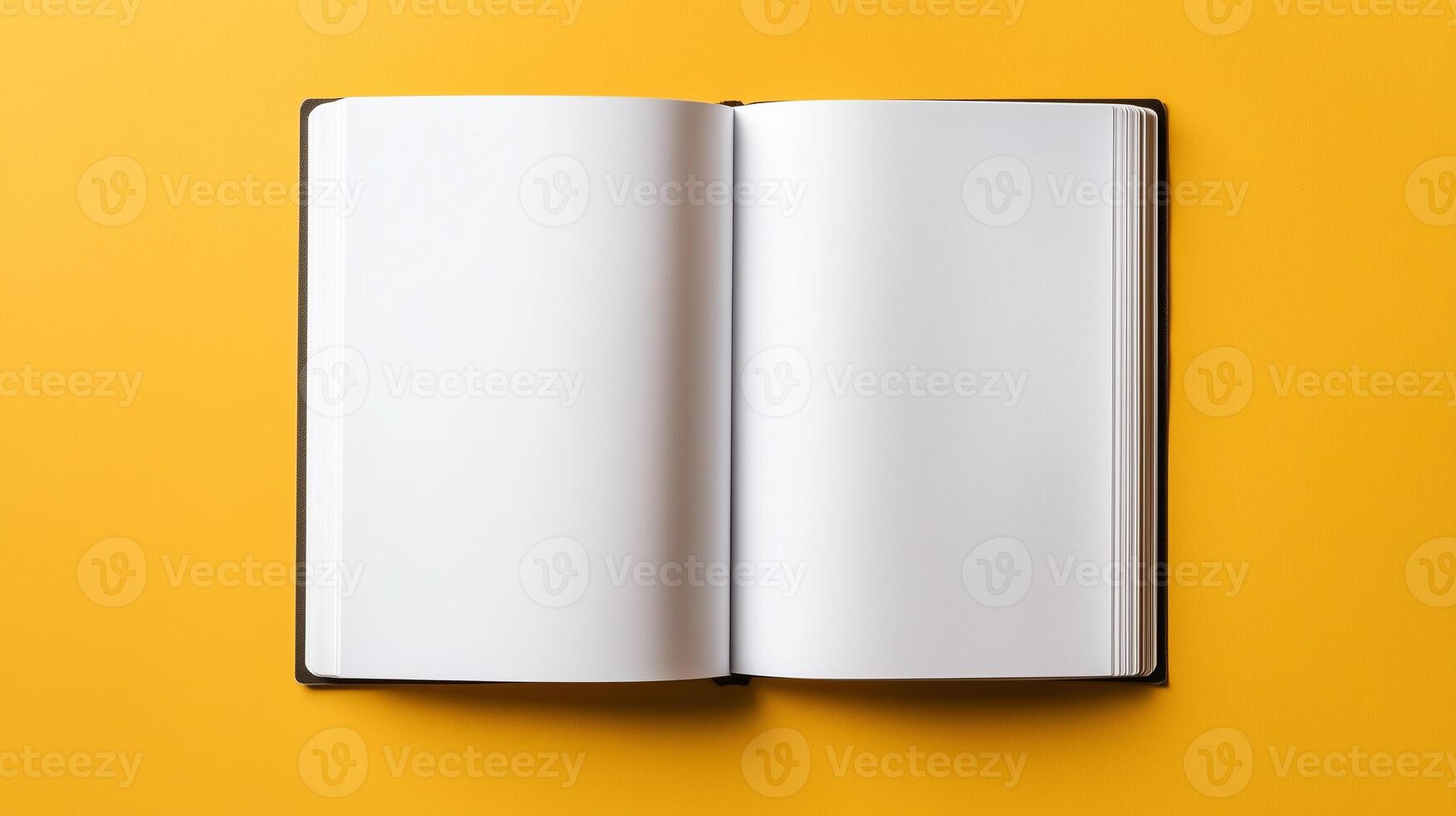 Open magazine with blank page on yellow background photo