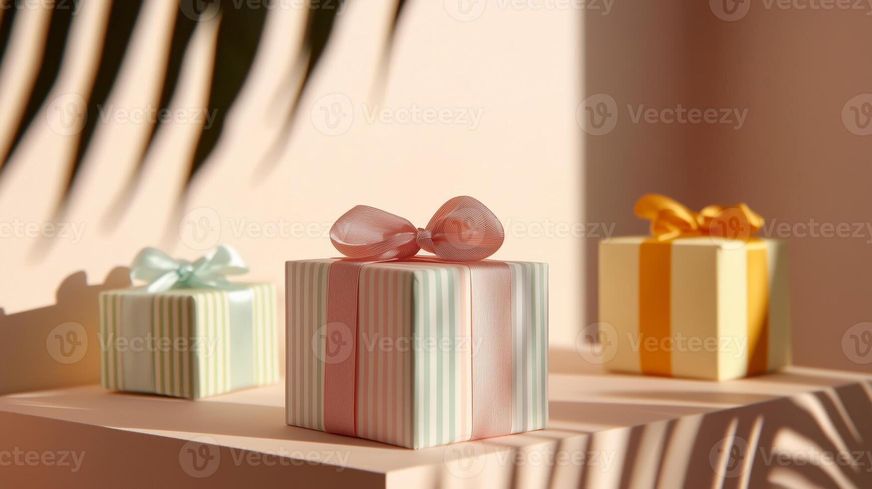 Pastel-colored presents arranged on a pink background photo