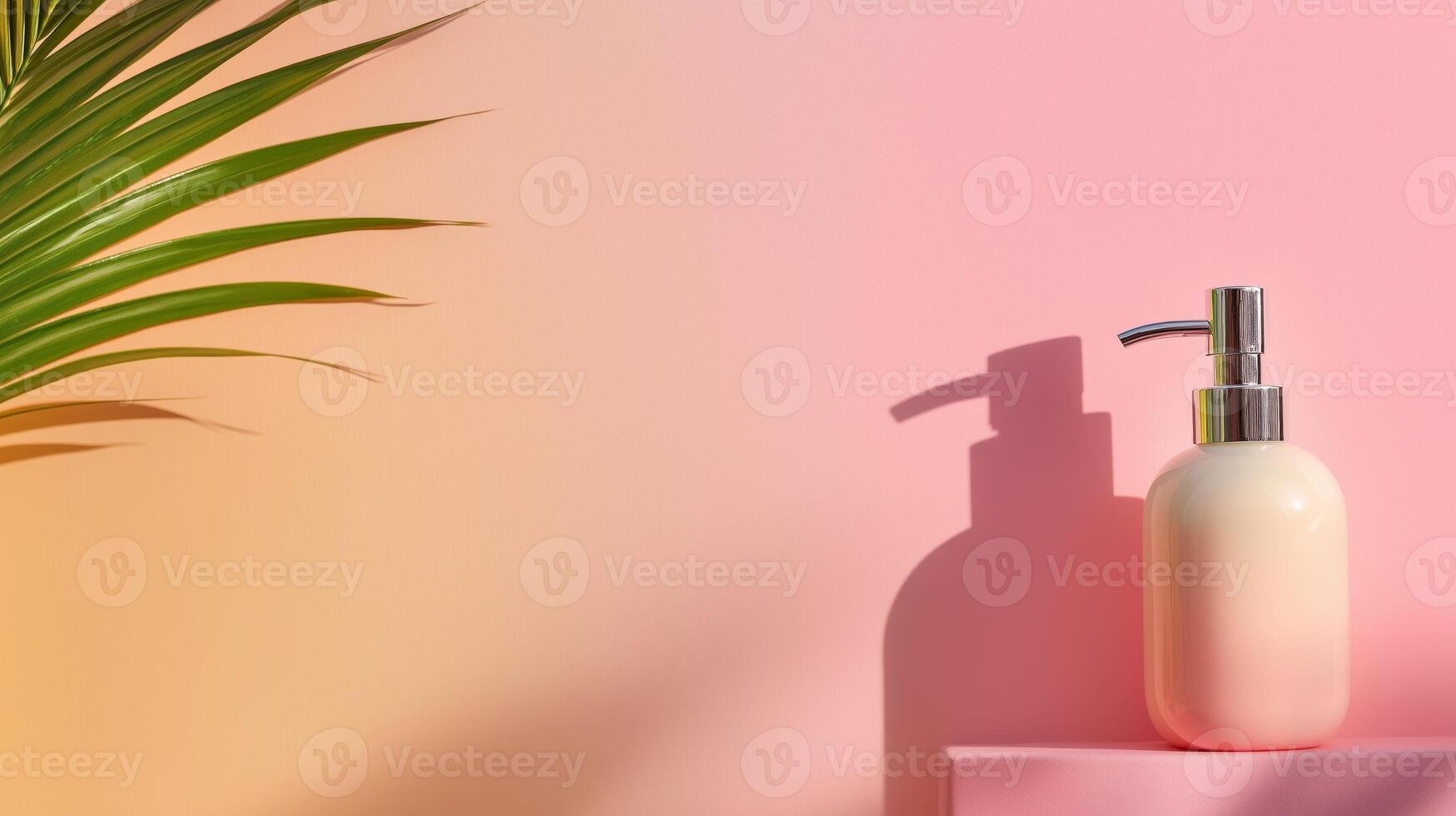 Pastel ombre soap dispenser on pink background photo