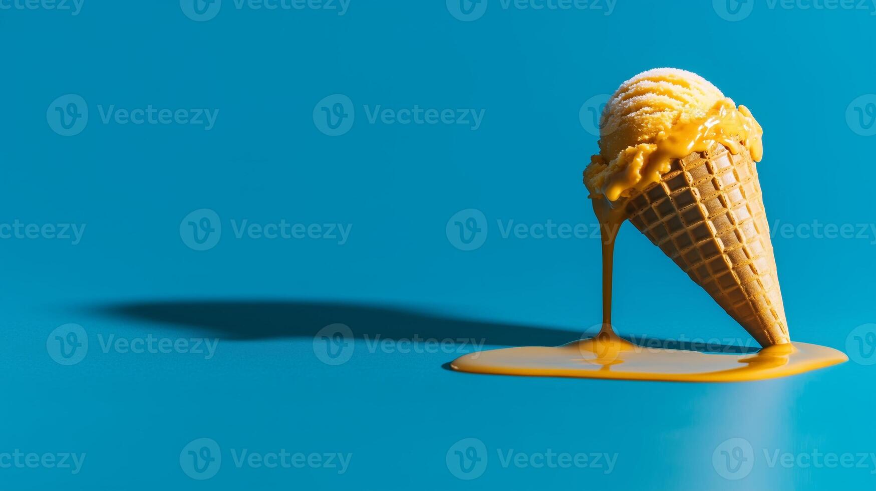 An ice cream cone is dripping with syrup photo