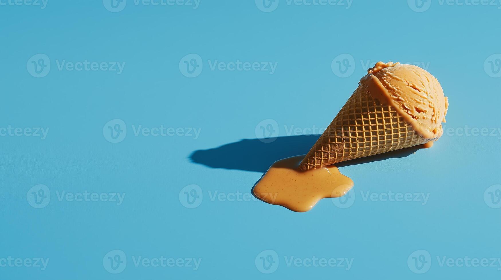 An ice cream cone with caramel drips on a blue background photo