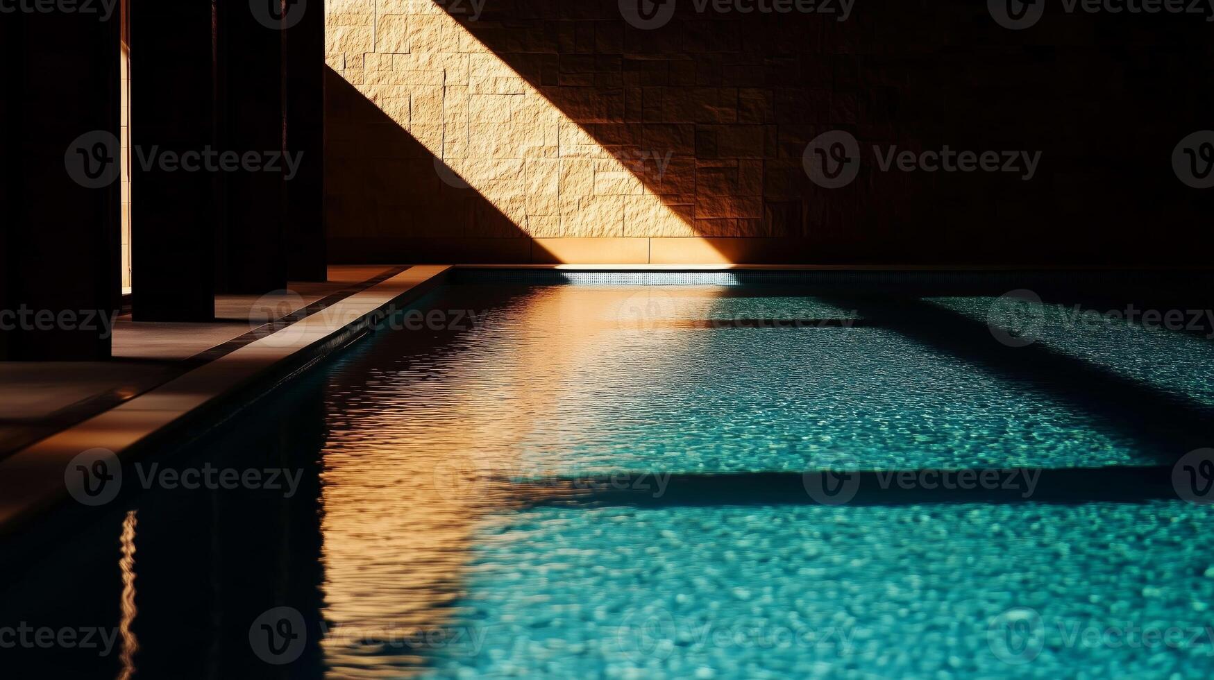 An indoor swimming pool with sunlight shining through the windows photo
